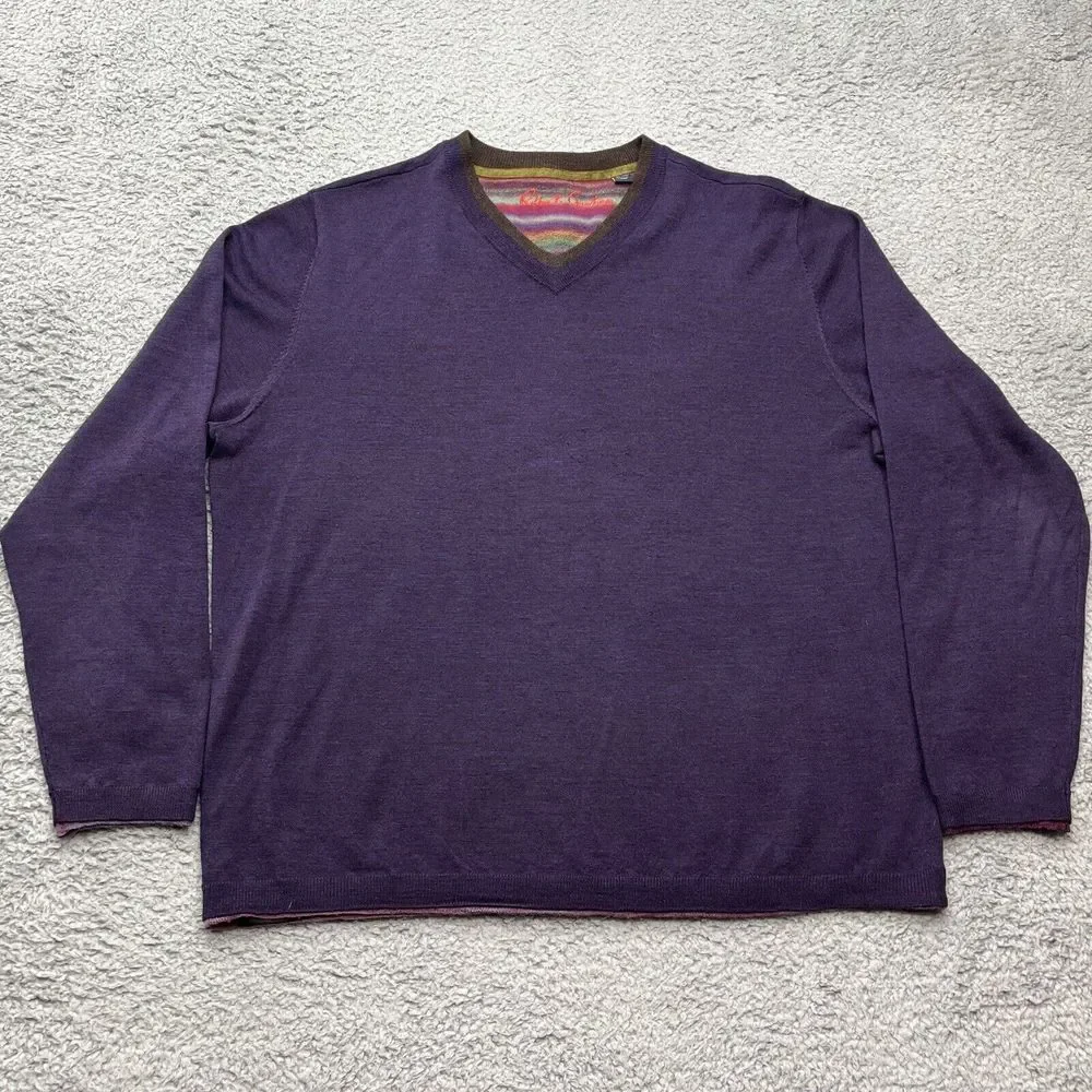 Robert Graham 100% Wool Sweater Mens XL Purple V-Neck Long Sleeve Preppy